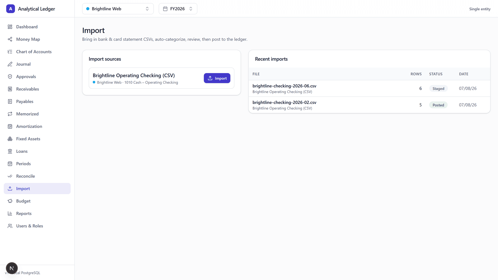 The Import module showing a saved checking-account import source alongside a list of recent import batches with their statuses